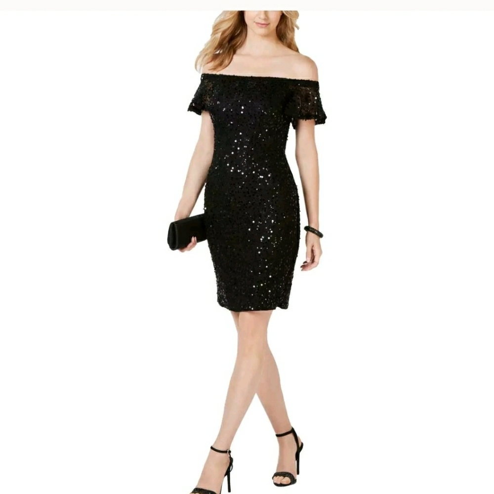 Nightway Womens Black Lace Sequined Off-The-Should